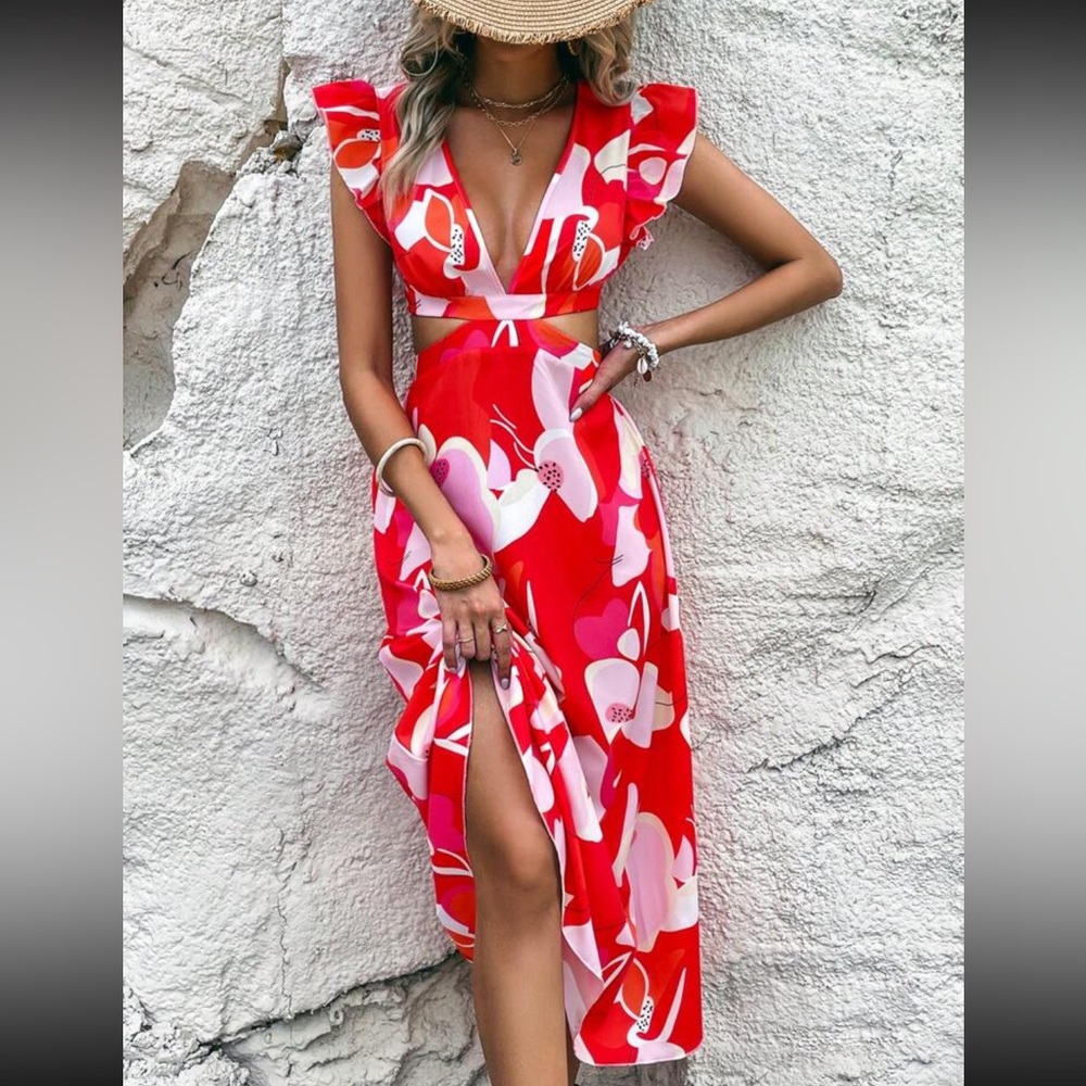 Boho Abstract Geo Print Cut Out Deep V -Neck Dress RED - Picture 1 of 4